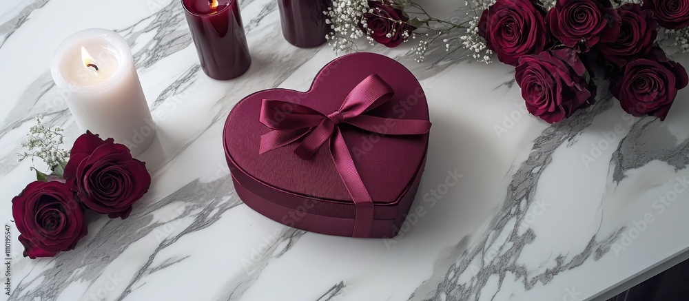 Wall mural Romantic red heart shaped gift box with satin bow surrounded by roses and candles on a marble surface perfect for love-themed occasions