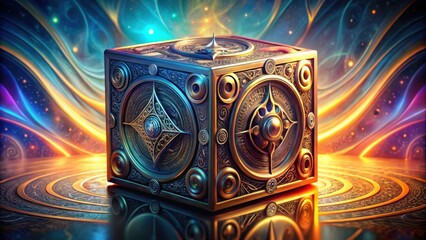 A golden cube with intricate designs rests upon a swirling, luminous surface, radiating an ethereal glow.