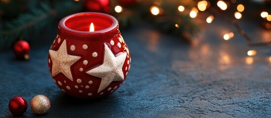 Festive Red Candle Holder with Stars and Ornaments for Holiday Home Decoration