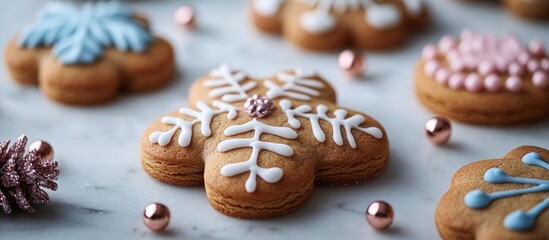 Decorative gingerbread cookies for Christmas adorned with colorful icing and festive embellishments on a marble surface.