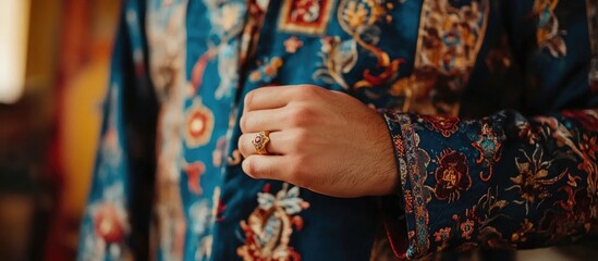 Golden wedding ring on a man's hand adorned in traditional embroidered shirt during an Orthodox wedding ceremony in a church setting.