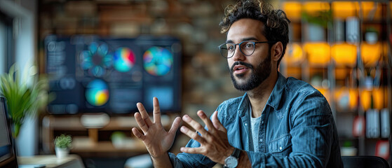 Young professional engages in a discussion while presenting data in a modern office environment