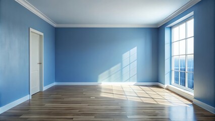 Obraz premium Empty room with blue walls, a window with sunlight streaming in and hardwood floors