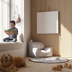 kids playroom in the attic with kitty shaped beanbag, storage and decorations and a mockup poster. there is kid reading a book on the nook. 3d illlustration