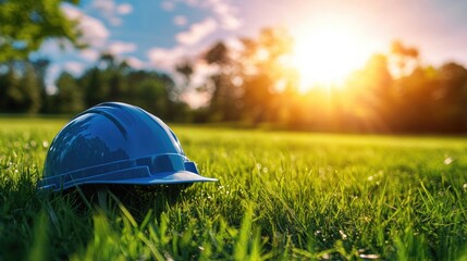 Industrial safety helmet lying on green grass field under sunset with vintage filter emphasizing outdoor safety and construction themes