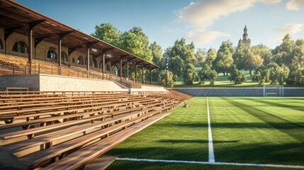 Soccer stadium with classic architecture, wooden bleachers, and historical feel