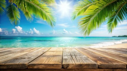 A wooden plank table set against a backdrop of a tropical ocean, framed by vibrant green palm fronds, with a radiant sun illuminating the scene.