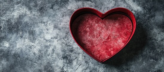 Heart shaped red box on textured surface with empty interior space for personalized text or design in rustic flat lay presentation
