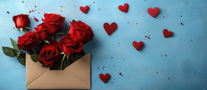 Romantic envelope with red roses and flying hearts on a blue background ideal for love letters and Valentine's Day messages