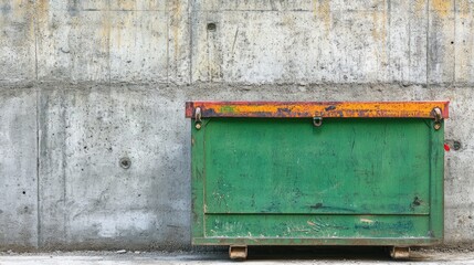 Locked green dumpster beside a concrete wall at a construction site for home renovation and maintenance projects.