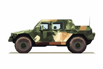 A stylized military vehicle depicted in a geometric camouflage design.