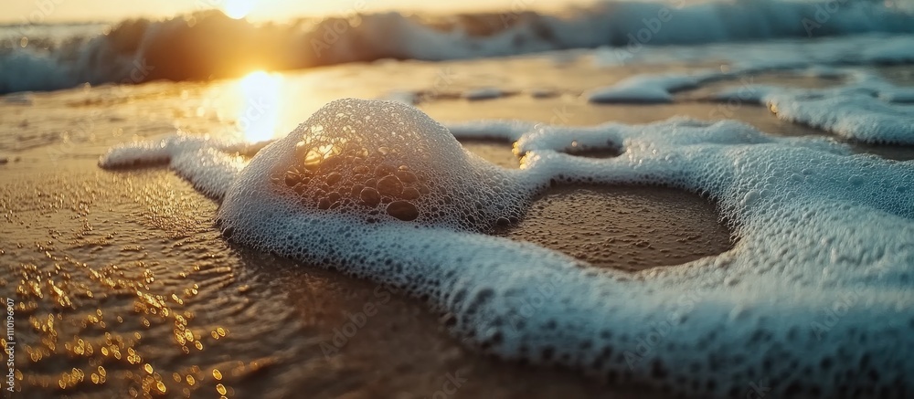 Poster sea foam gently resting on a sandy beach at sunset creating a serene coastal atmosphere