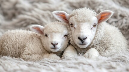 Sheep family portrait featuring a young lamb and its mother resting together on soft fur blanket. Ideal for pastoral and animal themes.