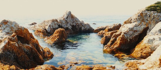 Serene coastal landscape featuring rugged rocks, clear ocean water, and distant mountains under a calm sky.