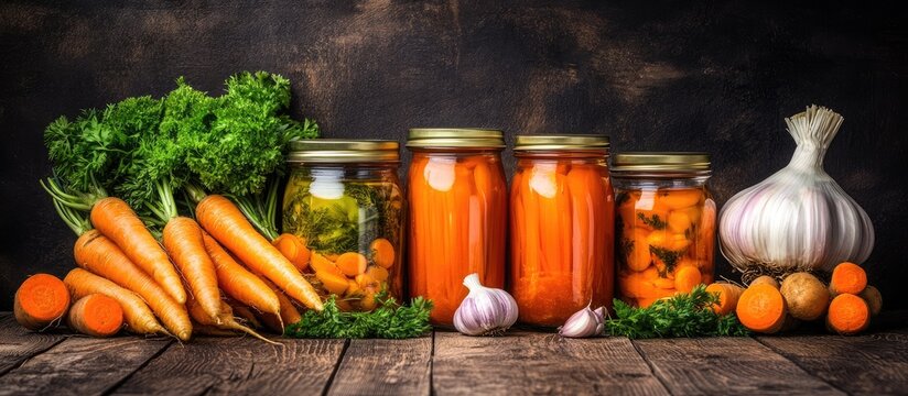 Pickled vegetables in jars with fresh carrots garlic and parsley on rustic wooden table showcasing homemade preserved food delights