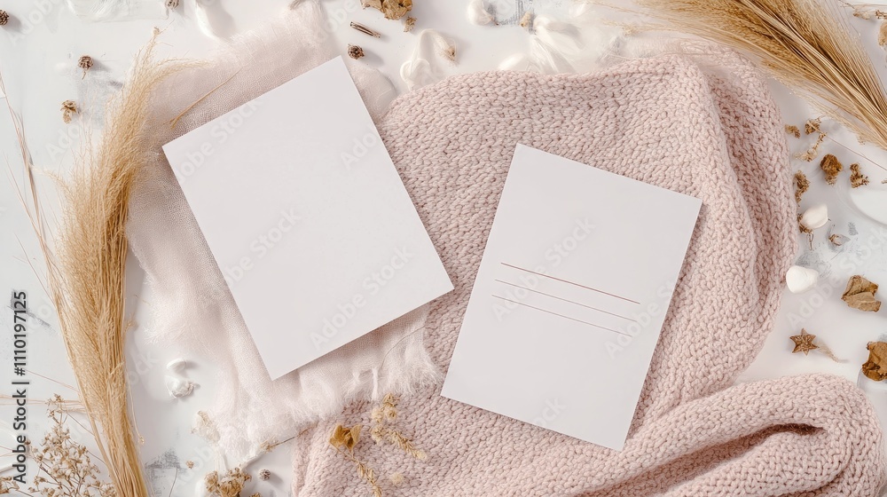 Poster scandinavian boho style mockup blank greeting cards with natural elements and textured fabrics on wh