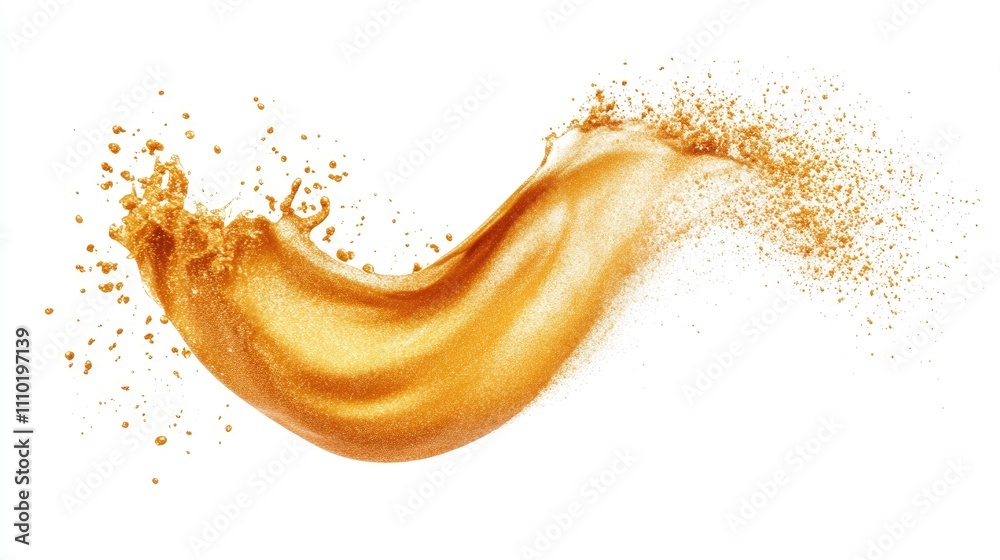 Leinwandbilder Golden sand explosion abstract wave creating dynamic cloud of particles isolated on white background in high-speed freeze motion effect