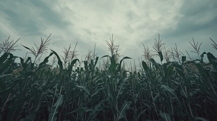 Dramatic gray clouds loom over a vibrant corn field signaling changing weather and agricultural possibilities.