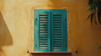 Fototapeta premium Colorful wooden window shutters on a yellow wall enhancing architectural beauty and adding charm to outdoor spaces.
