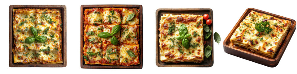 Lasagna placed on a wooden tray, isolated on a white background. Mix Collection PNG.