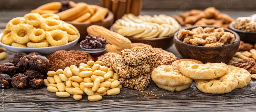 Aufkleber assorted snacks and treats displayed on rustic wooden table with decorative elements