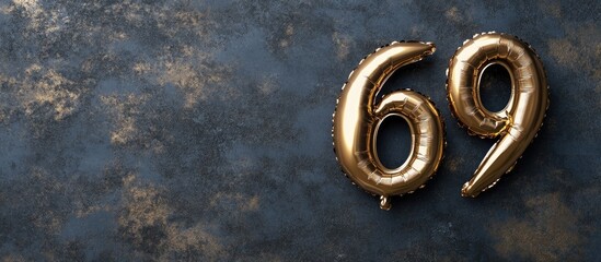Gold foil balloon numbers sixty nine on textured black concrete background perfect for celebrations and thematic design elements