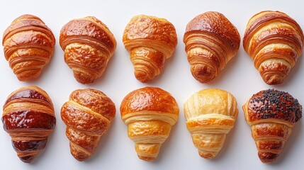 Delicious assortment of freshly baked croissants arranged beautifully against a clean white background with selective focus details.
