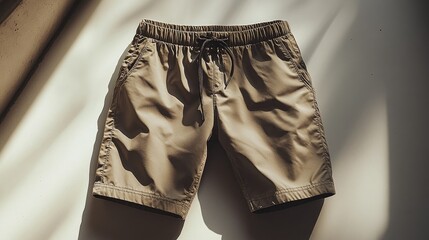 Stylish grey shorts flat lay against a minimalistic white backdrop showcasing modern casual fashion for summer wear.