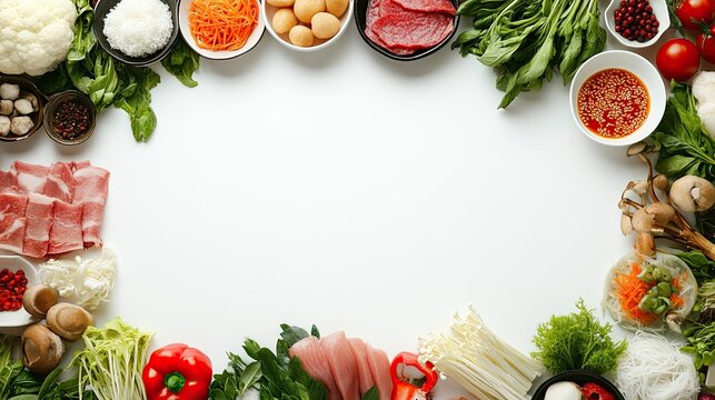 Fresh Ingredients for Cooking with Vegetables and Meat Surrounding Space