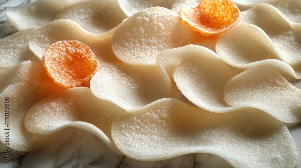 Poster artfully arranged potato chips with crispy texture and subtle color variations on a clean white back