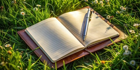 An open notebook with a pen rests on a bed of vibrant green grass, bathed in the golden glow of the setting sun.  The pages are blank, inviting inspiration and creativity.