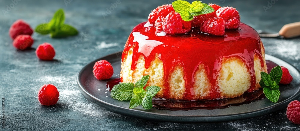 Poster homemade raspberry cake topped with syrup and fresh mint leaves on a dark background showcasing deli