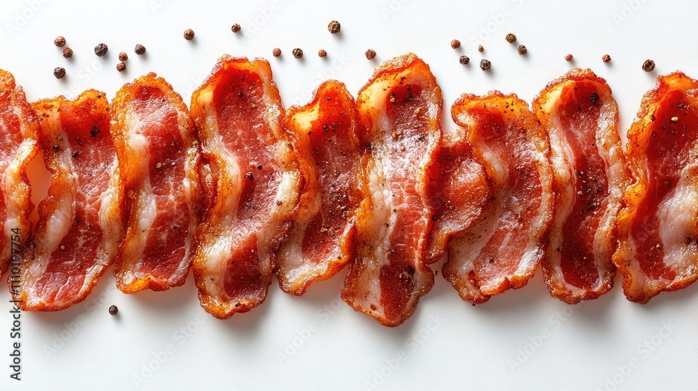 Poster Fresh raw bacon strips arranged neatly on a clean white background showcasing texture and color ideal for culinary and cooking themes.