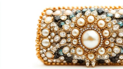 Elegant vintage jewelry box with intricate pearl and gemstone design isolated on a clean white background in a studio setting