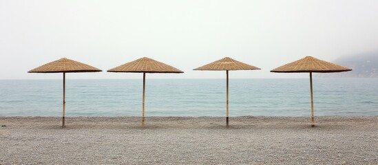 Reed parasols lined on a tranquil beach at Vama Veche with a serene sea backdrop and misty atmosphere