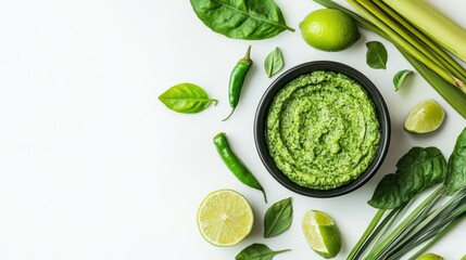 Obraz premium Fresh Green Sauce with Herbs, Vegetables, and Citrus on White Background