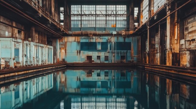 Abandoned industrial power station interior with water reflection and aged architecture elements