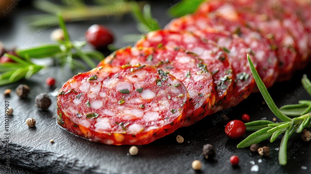 Poster sliced salami with herbs displayed on a black slate board showcasing freshness and quality against a
