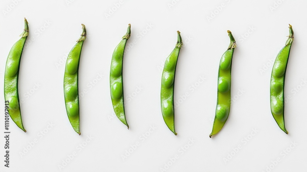 Poster Fresh green broad beans arranged in a line on a clean white background showcasing their natural color and texture for culinary use.