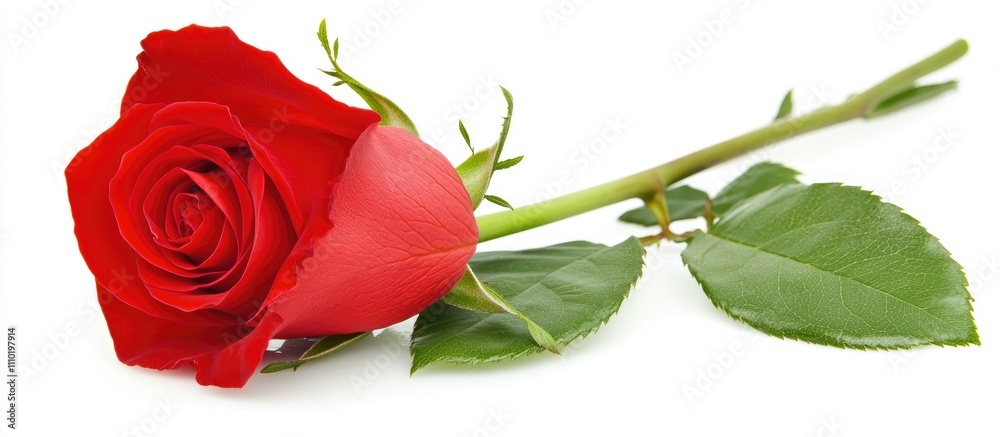 Poster Single red rose elegantly placed on a smooth white background showcasing its vibrant color and delicate petals with lush green leaves.