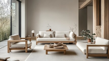 A simple Nordic living room with soft neutral tones, clean lines, and natural materials like wood and cotton, complemented by a bright airy feel