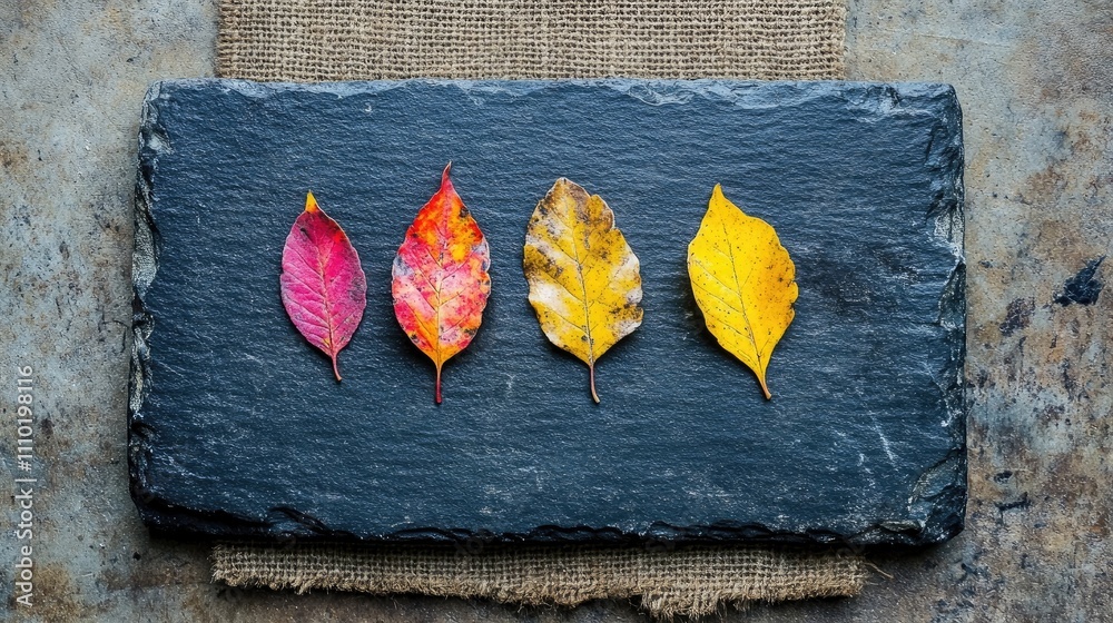Poster autumn leaves arranged on textured slate with burlap background perfect for black friday sales event