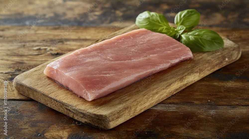 Aufkleber fresh uncooked pork fillet on a rustic wooden cutting board with a basil leaf garnish for culinary p