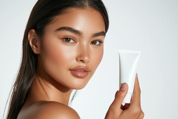 a beautiful woman holding a blank white skin care bottle - product mockup