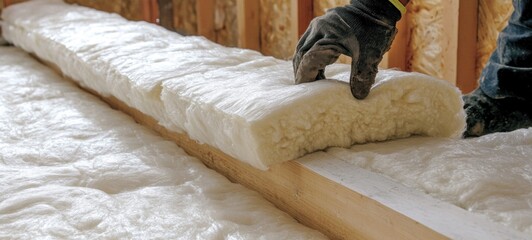 Insulation Installation: A Close-up View of Fiberglass Batts Being Carefully Placed During Home Construction