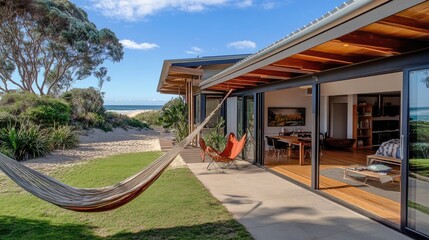 Beachside L-shaped bungalow with large sliding glass doors, a hammock in the yard, and golden sand beyond the patio.