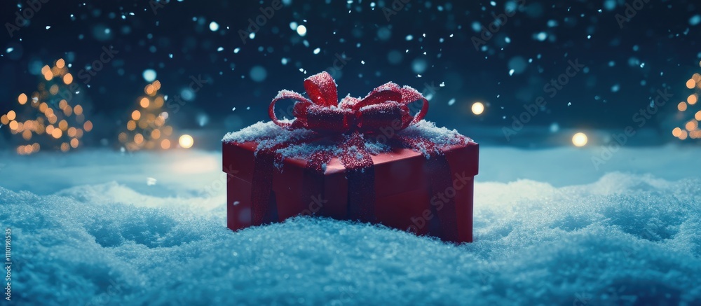 Poster festive red gift box on snowy ground with falling snow at night creating a magical holiday atmospher