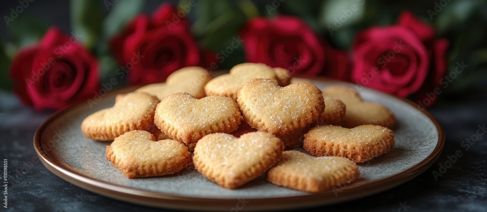 Poster Shortbread heart cookies beautifully arranged on a plate with red roses in the background creating a romantic setting