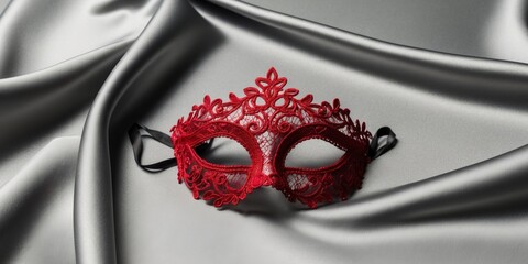 Elegant Red Lace Masquerade Mask on Black Silk Background.