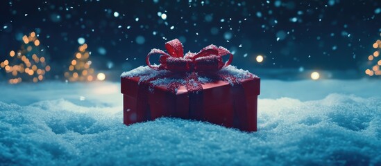 Festive red gift box on snowy ground with falling snow at night creating a magical holiday atmosphere with glowing lights in the background